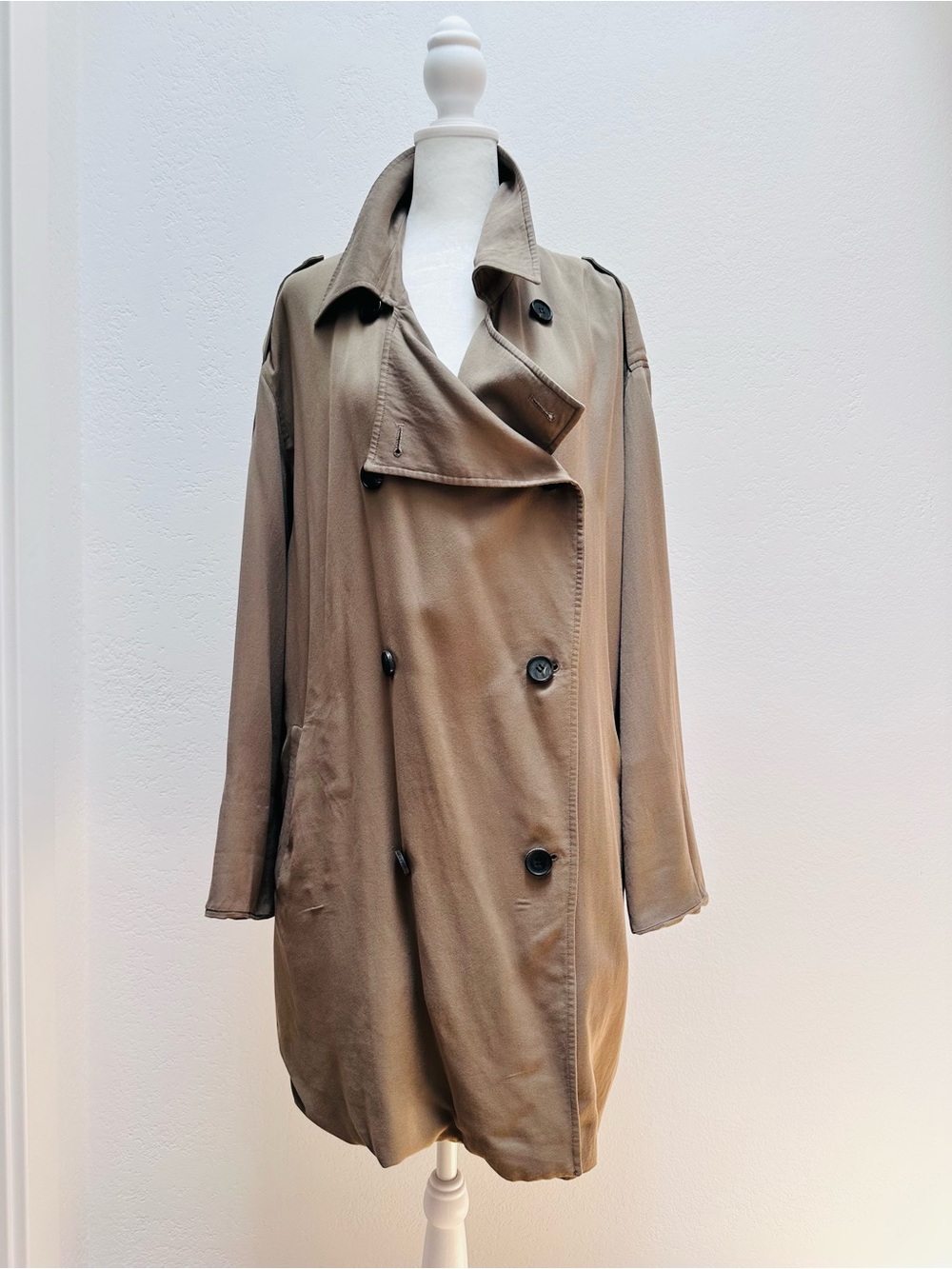 AllSaints Olive Taupe Double-Breasted Trench Coat